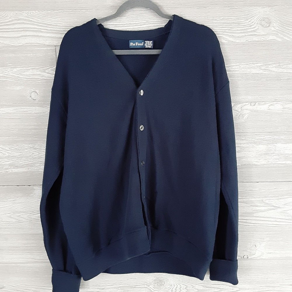 Par Four Vintage Navy Blue Acrylic V-Neck Button Front Cardigan Sweater Mens XL